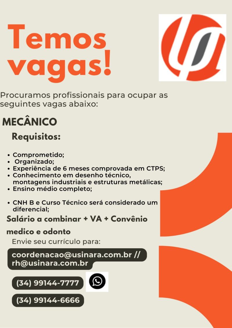 Vaga de emprego mecânico, soldador, caldeireiro - USINARA 08-11-24